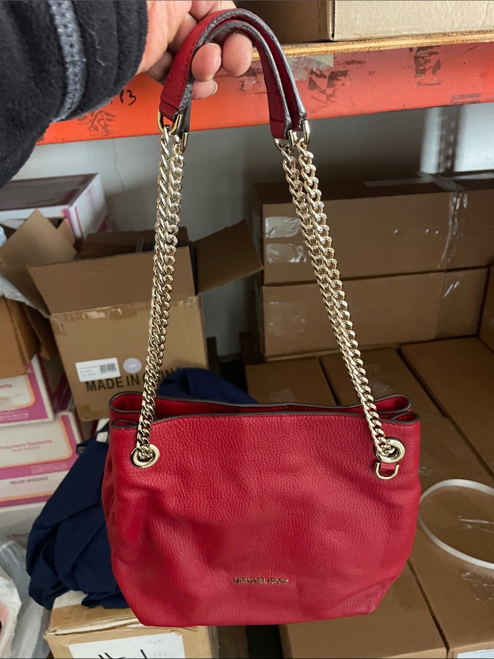 Michael Kors Red Pebbled Leather Chain-Handle Shoulder Bag